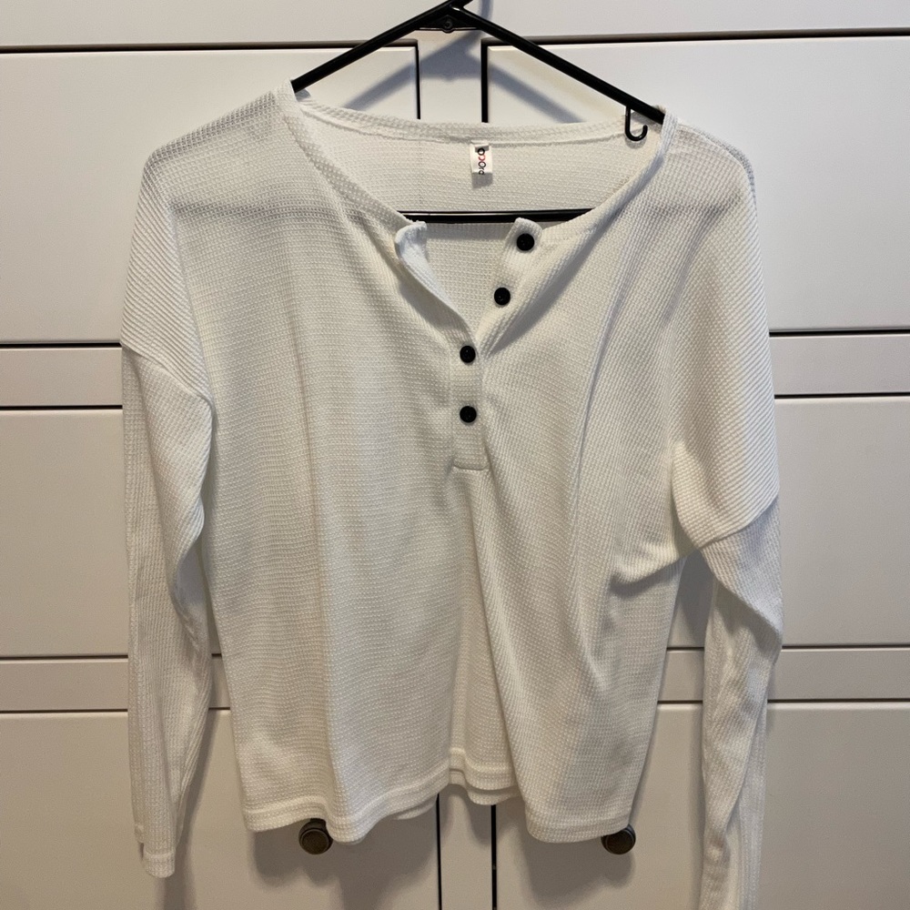 cropped white half button long sleeve shirt